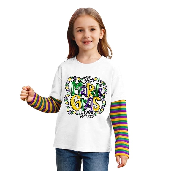 Unisex Kids Mardi Gras Shirts Boys Girls Striped Long Sleeve Shirt Funny Graphic Tee Tops Spring Summer Fashion Clothes White 3-4 Years