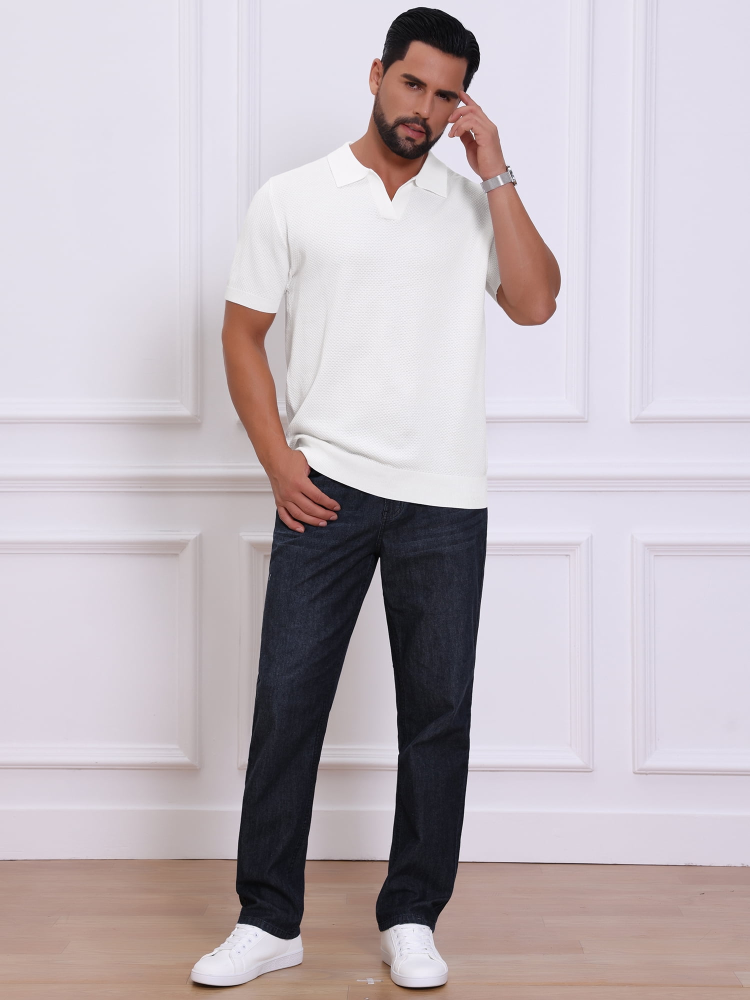 DARING DIVA Men's Textured Knit V Neck Short Sleeve Casual Golf Polo Shirt M White