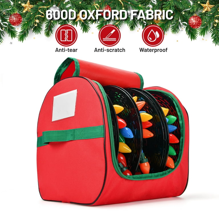 Christmas Light Storage Bag, 600D Oxford Fabric Christmas Light Organizer  with Reinforced Handles, 3 Reels Organizes up to 375ft of Mini Lights, Red