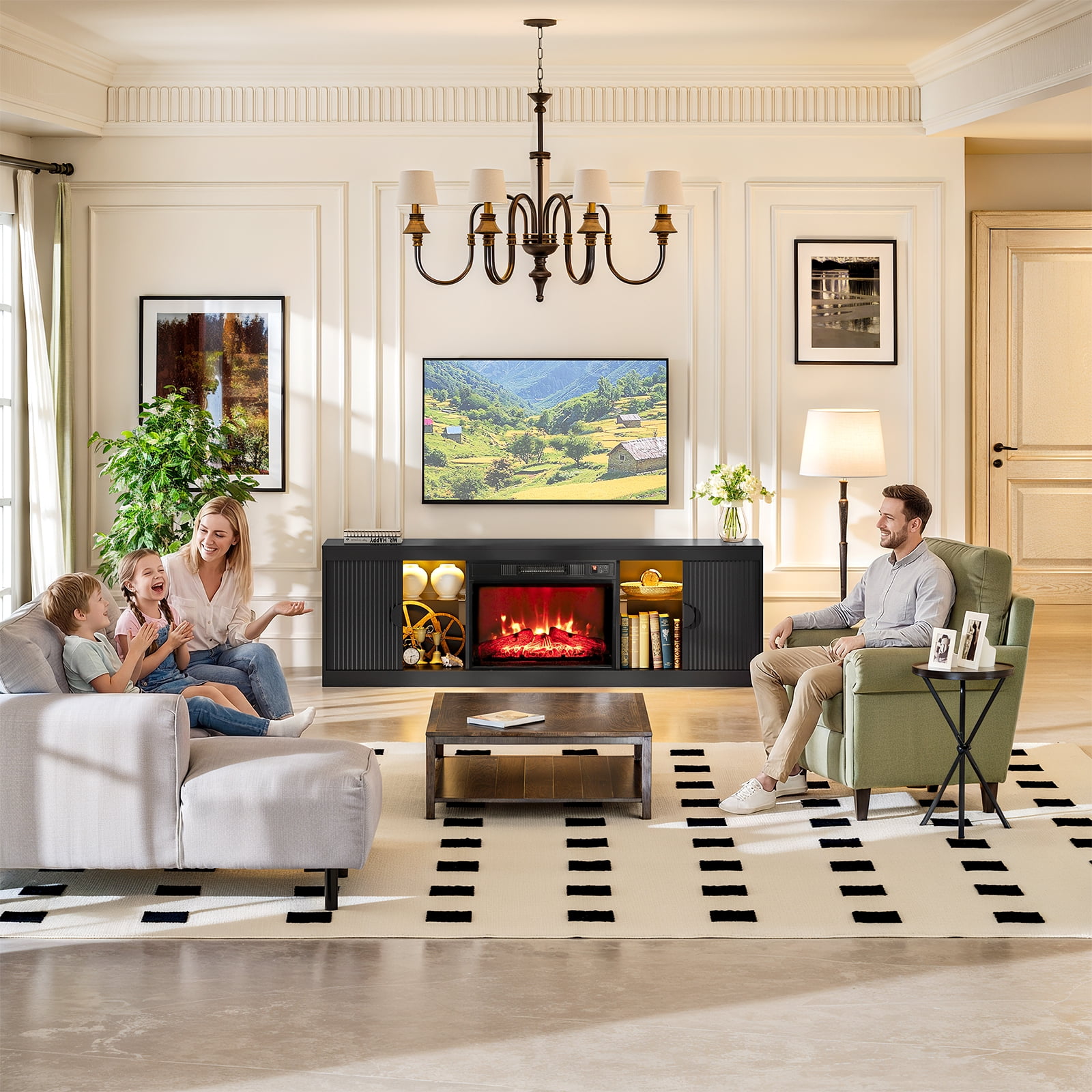 Holliwill 70" Fireplace TV Stand for TVs up to 80" with LED Lights, Fluted Modern Entertainment Center with 23" Electric Heater TV Console with Sliding Door for Living Room, Black