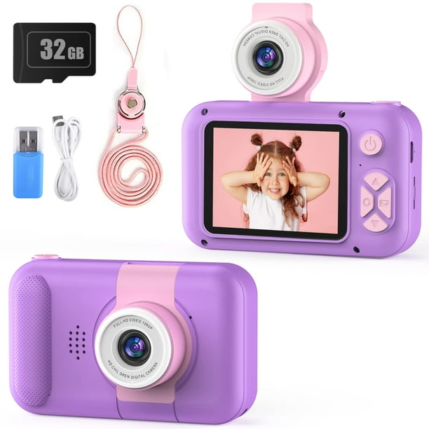 Cámara infantil PURULU con lente abatible 180° HD 1080P 32GB, tarjeta SD