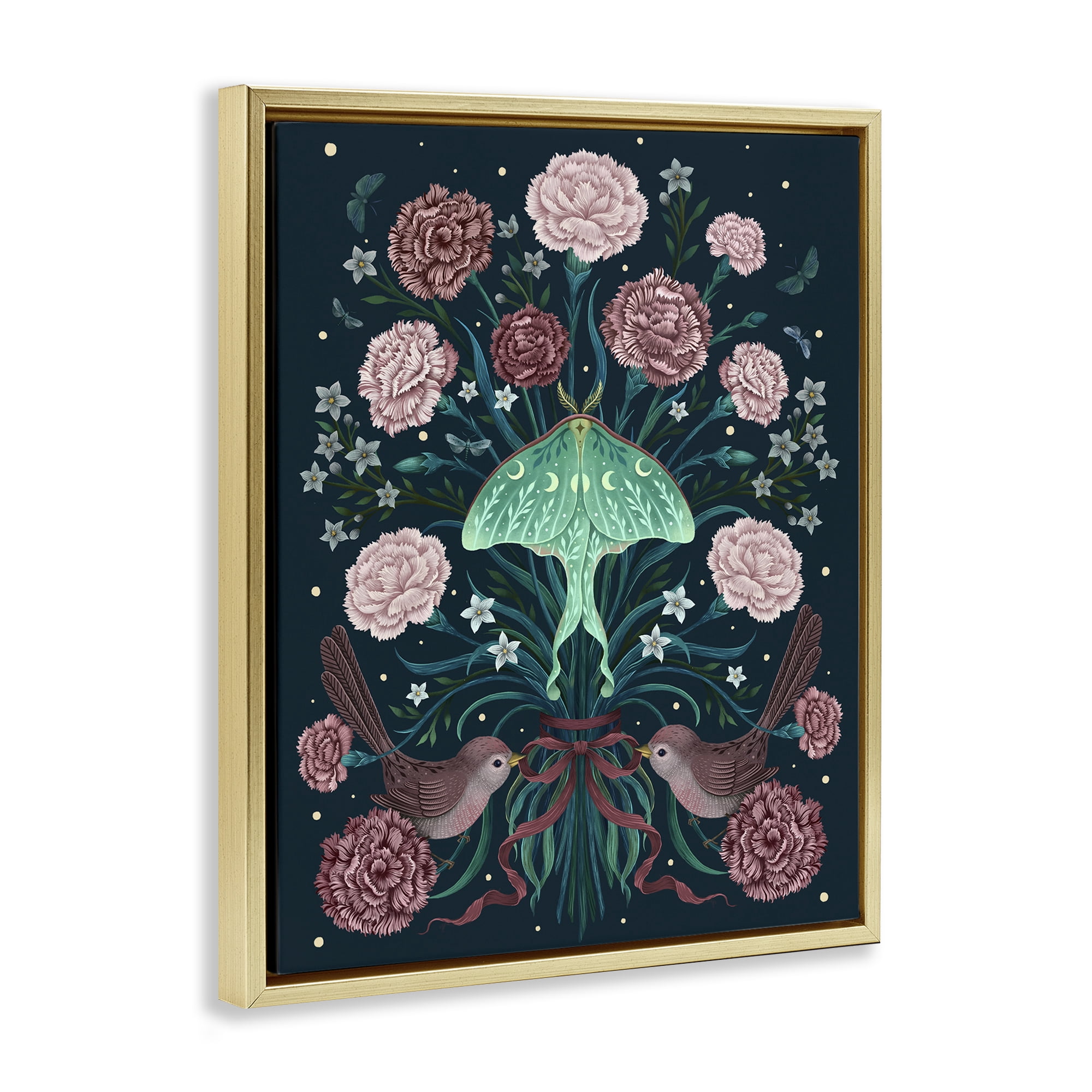 Stupell Industries January Carnations & Moth Gold Framed Floater Canvas Wall Art, design by Episodic Drawings
