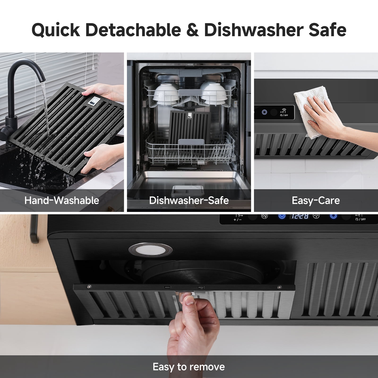 Aobosi Under Cabinet Range Hood 30 Inch, 750CFM Stainless Steel Kitchen Stove Vent Hood 3 Speed Exhaust Fan Touch/Remote/Gesture Control, Black
