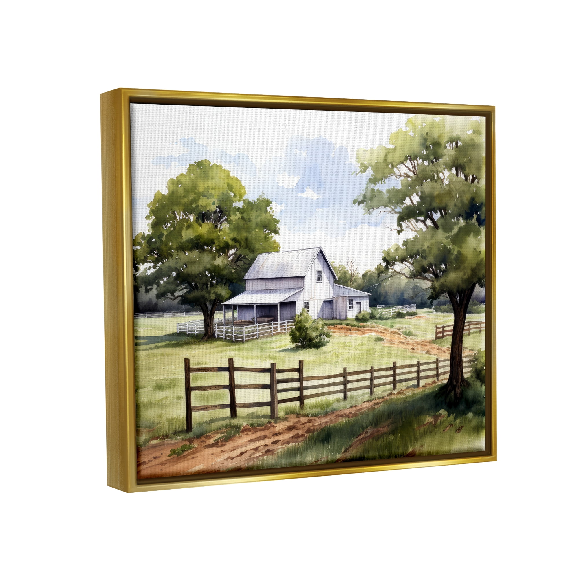 Stupell Industries Rural Cottage Painting Landscape Painting Gold Floater Framed Canvas Art Print Wall Art, 21 x 17