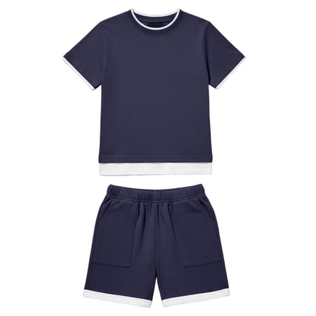 Glisme Kids Boys Outfit Set Colorblock Short Sleeve Crew Neck Shirt With Shorts Set Summer Comfortable Toddler Boys Outfit Size 8-9 Years Navy