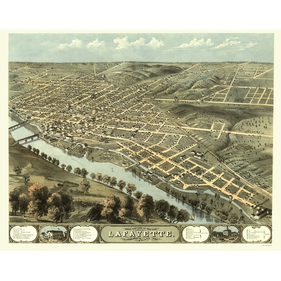 Historic Panoramic View - Lafayette Indiana - Ruger 1868 - Vintage Wall Art