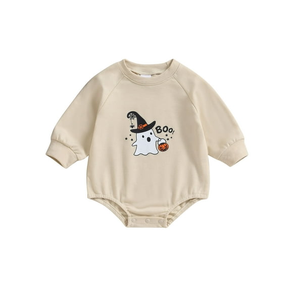Wassery Baby Girls Boys Clothes Infant Halloween Sweatshirts Rompers Newborn Fall Casual Bodysuits Crew Neck Long Sleeve Ghost Letter Print Playsuit 0-18 Months