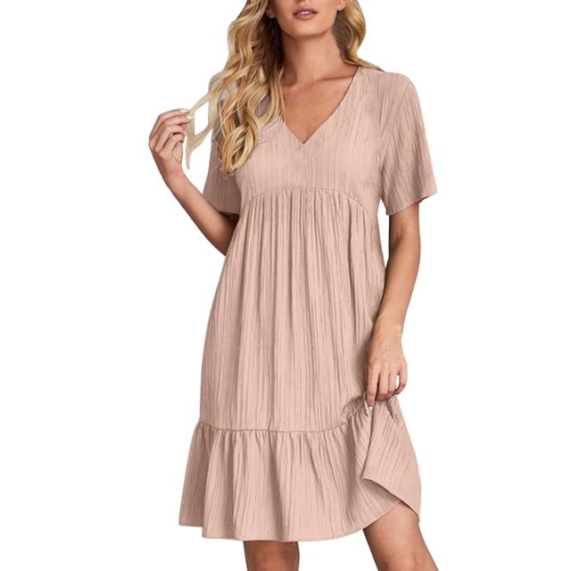 Soldes du Printemps 2024!Hontri Robes pour Femmes Robe d'Été Robes en Lin pour Femmes Robe T-Shirt Décontractée Manches Courtes Col en V Robe Midi Ligne A Rose,P