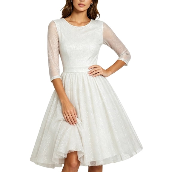 DeHolifer Sequin Dresses for Women Wedding Guest Crewneck 3/4 Sleeves Sparkly Evening Party Dress White 3XL