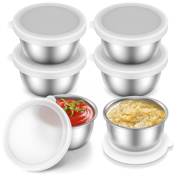6Pcs Stainless Steel Dressing Cup with Lid 1.4 oz Mini Sauce Container Small Condiment Container Metal Dipping Sauce Cup Dishwasher Safe for Salt Pepper Seasoning Spice