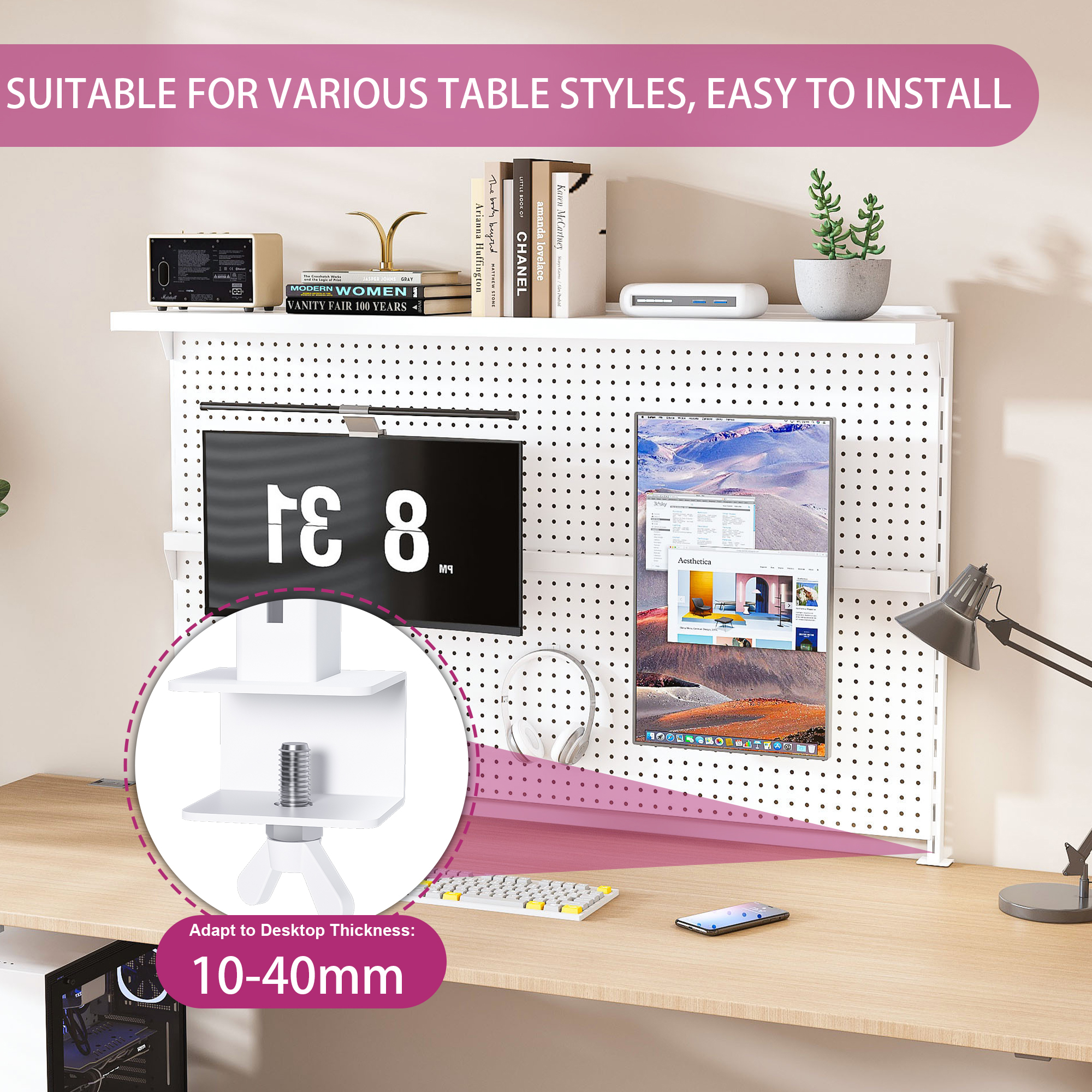 Montary Gaming & Office Desk Organizer with Dual Monitor Stand, 59x35" Metal Pegboard Privacy Panel, White