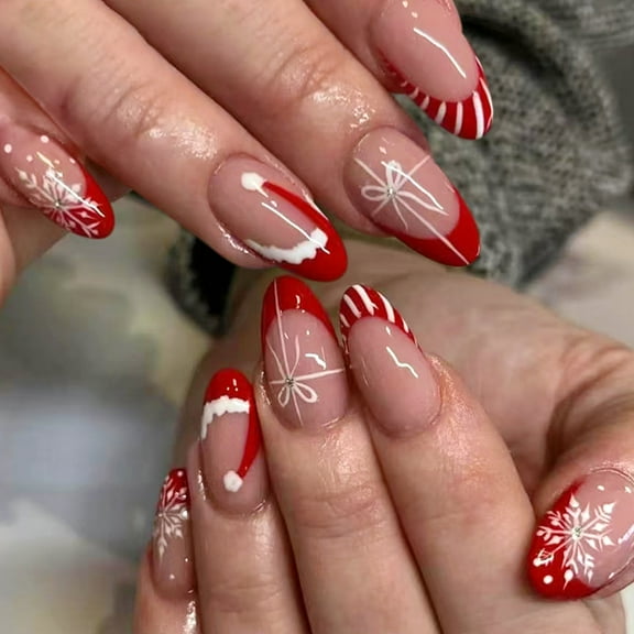24Pcs Christmas Press On Nails Red Glitter French Tips Snowflake Art Long Lasting False Nails For Festive