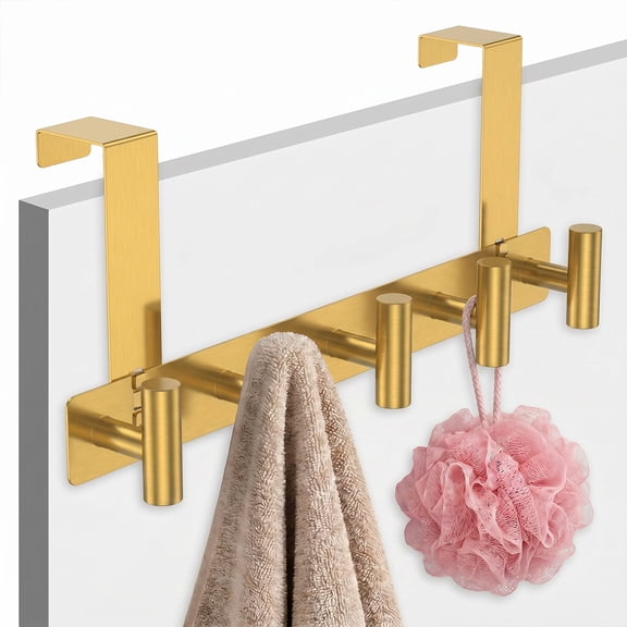 Xdziklosj Over The Door Hooks, 5-Hook Heavy Duty Door Hanger, Fits 1-3/4" Doors, Stainless Steel Towel Rack for Bathroom Closet, Gold