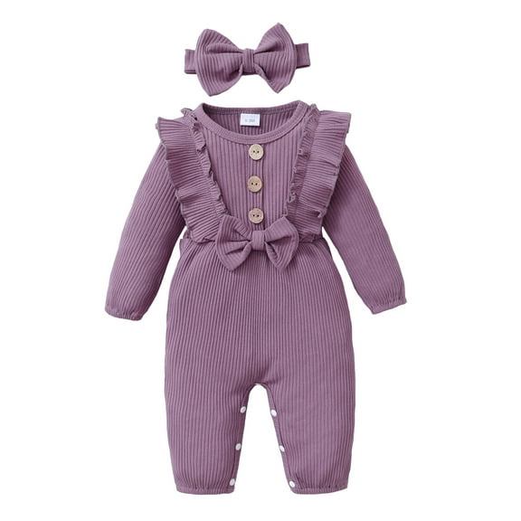 Toddler Baby Girls Clothes Baby Girls One-piece Romper Bodysuit 12-18 Months Baby Girls Long Sleeve Round Neckline Romper Headband 2PCS Set Purple