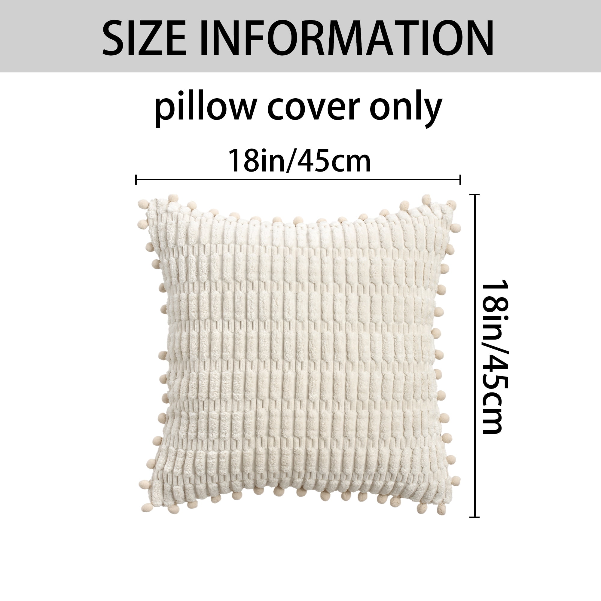 Unique Bargains Set of 2 Corduroy Throw Pillow Covers with Pom-pom Edges 18" x 18" Beige
