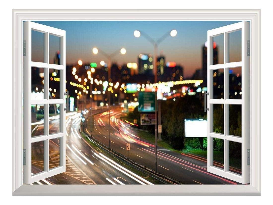 Removable Wall Sticker/Wall Mural - Blurred City Traffic Lights at Night | Creative Window View Wall Decor - 24'x32'