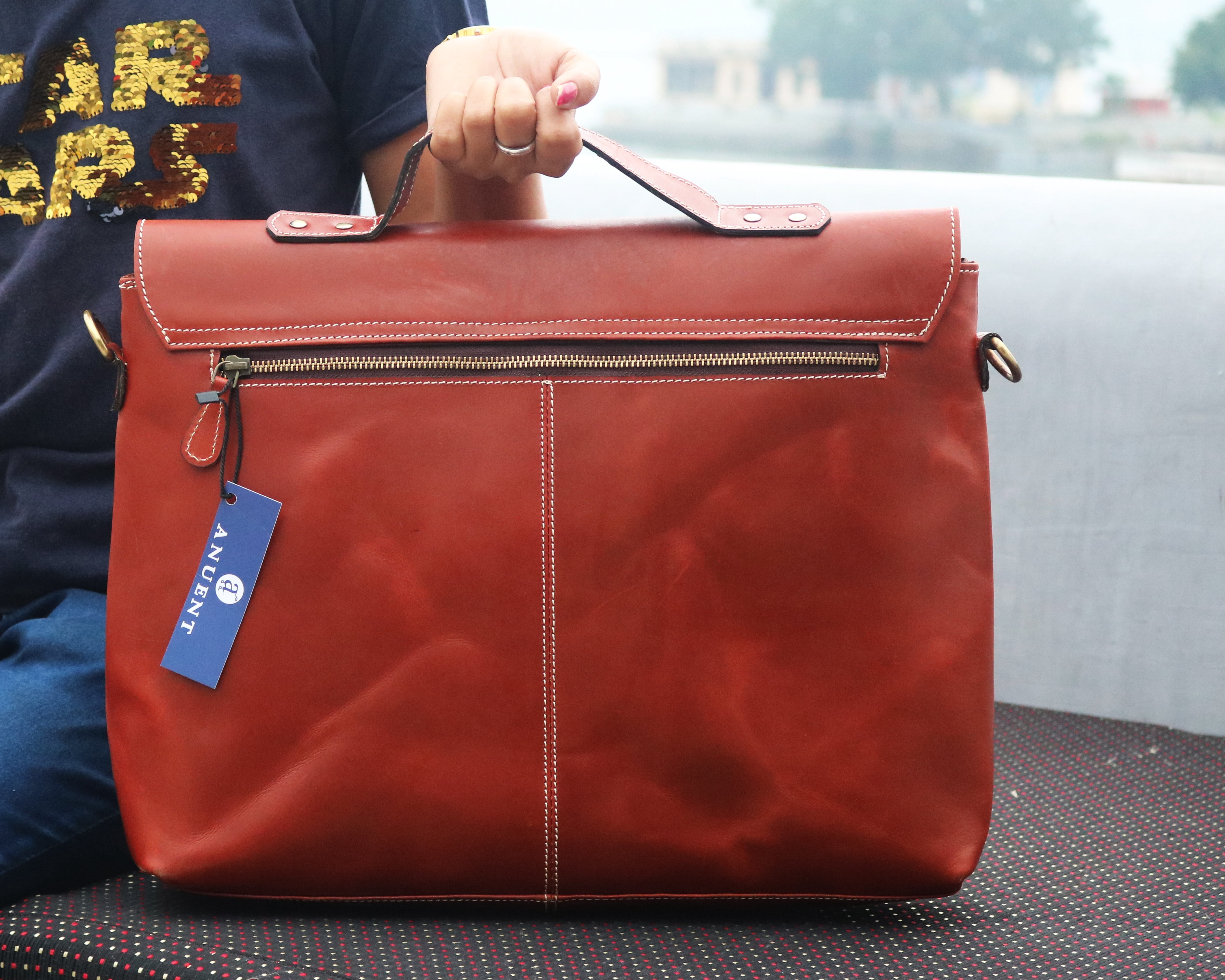 15 inch genuine leather briefcase bag - Handmade crossbody laptop satchel (Orange )