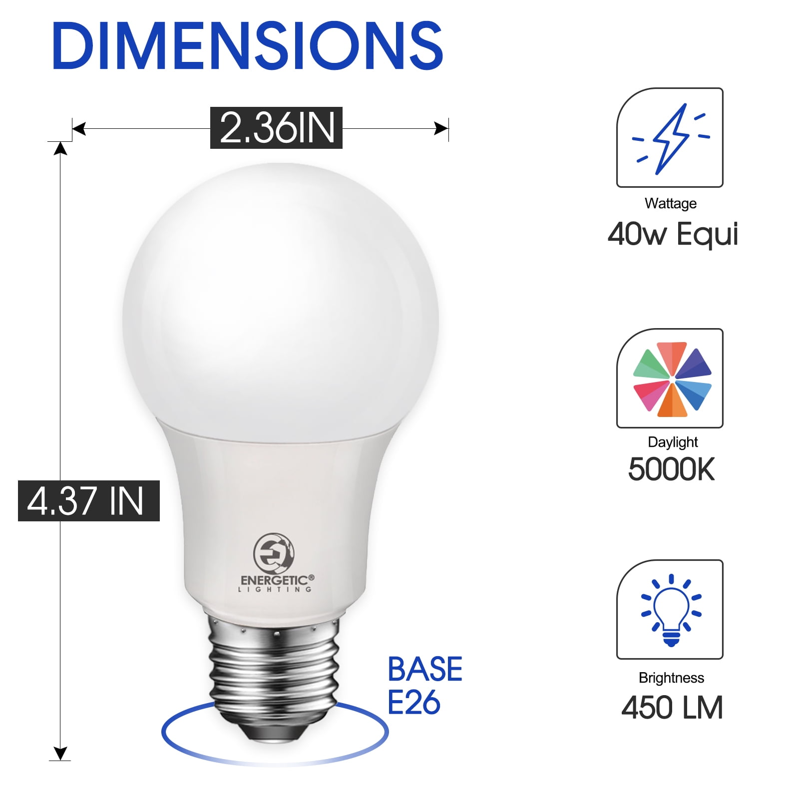 ENERGETIC A19 LED Light Bulb, 5 Watts(40W Equivalent), Daylight