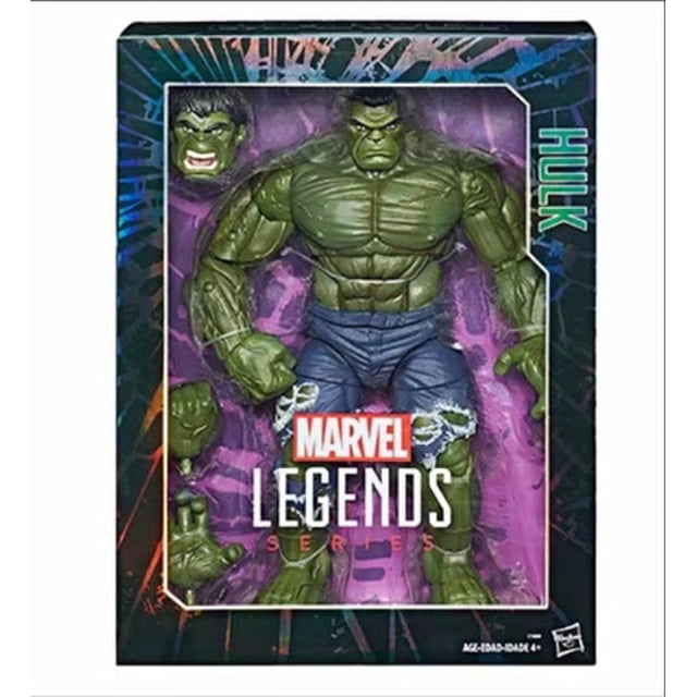 hasbro avengers marvel legends series thor hulk action figure collectible model toys for children original 12-inch Front-facing boxed view of a green Hulk PVC action figure with sculpted muscular torso, articulated joints, ripped blue shorts, two alternate heads and two extra hands visible through window packaging against a purple graphic backdrop with Marvel Legends logo; often used as a shelf display collectible, recommended ages 7+.