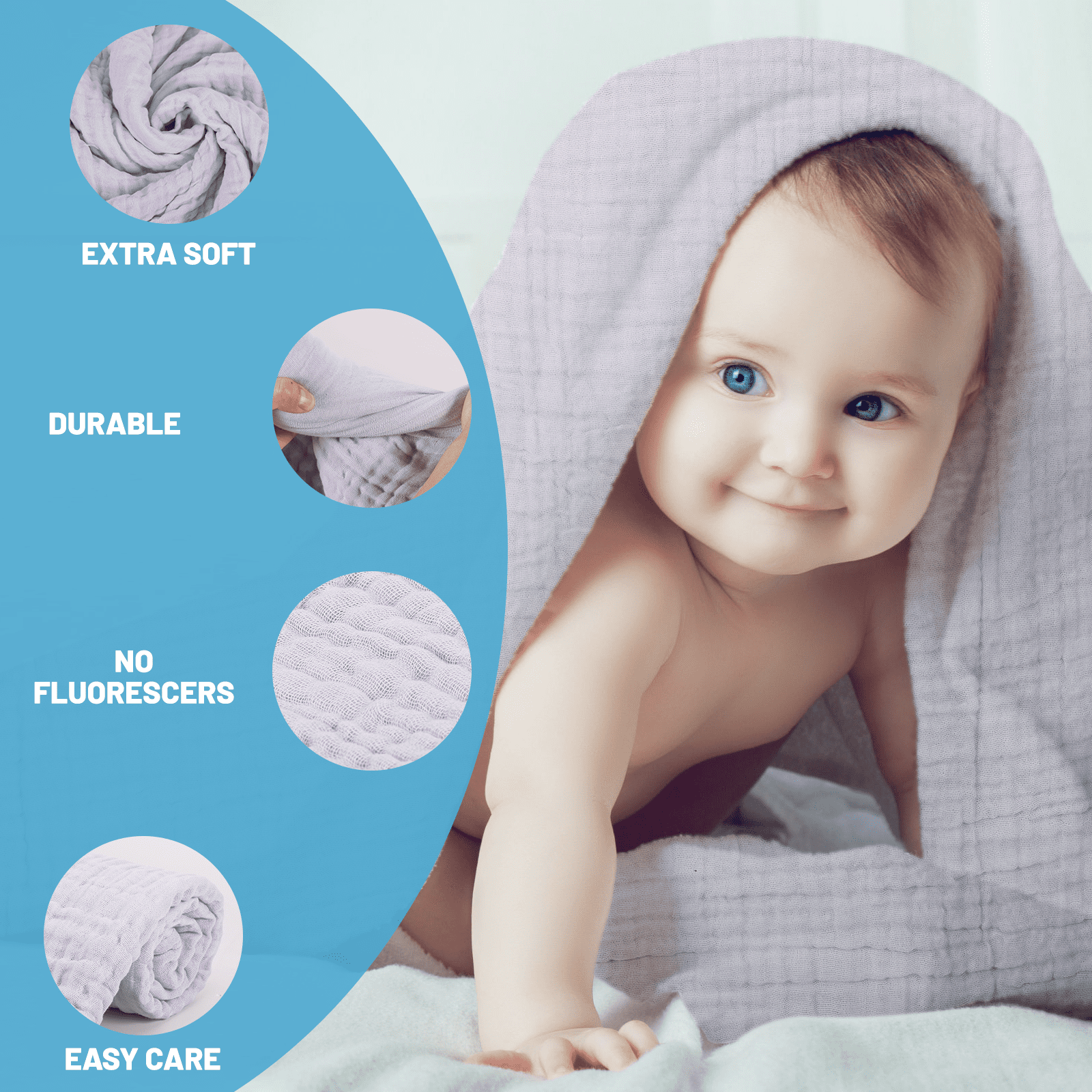 Asung Muslin Baby Bath Towel Soft Muslin Cotton Baby Towel Absorbent 3 pack 40" x 40"  (Grey)