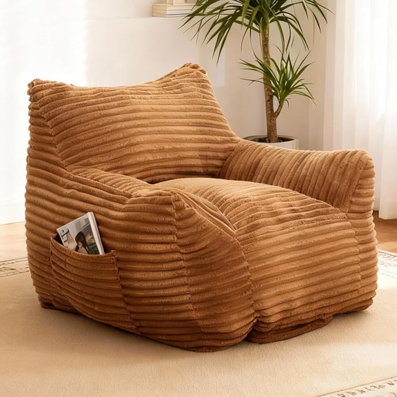 Ywen Bean Bag Chair for Adults & Kids, Giant Bean Bag Sofa with Side Pocket, Corduroy Beanbag Chair with Armrests, Comfy Stuffed Floor Sofa for Living Room Bedroom Dorm, Brown