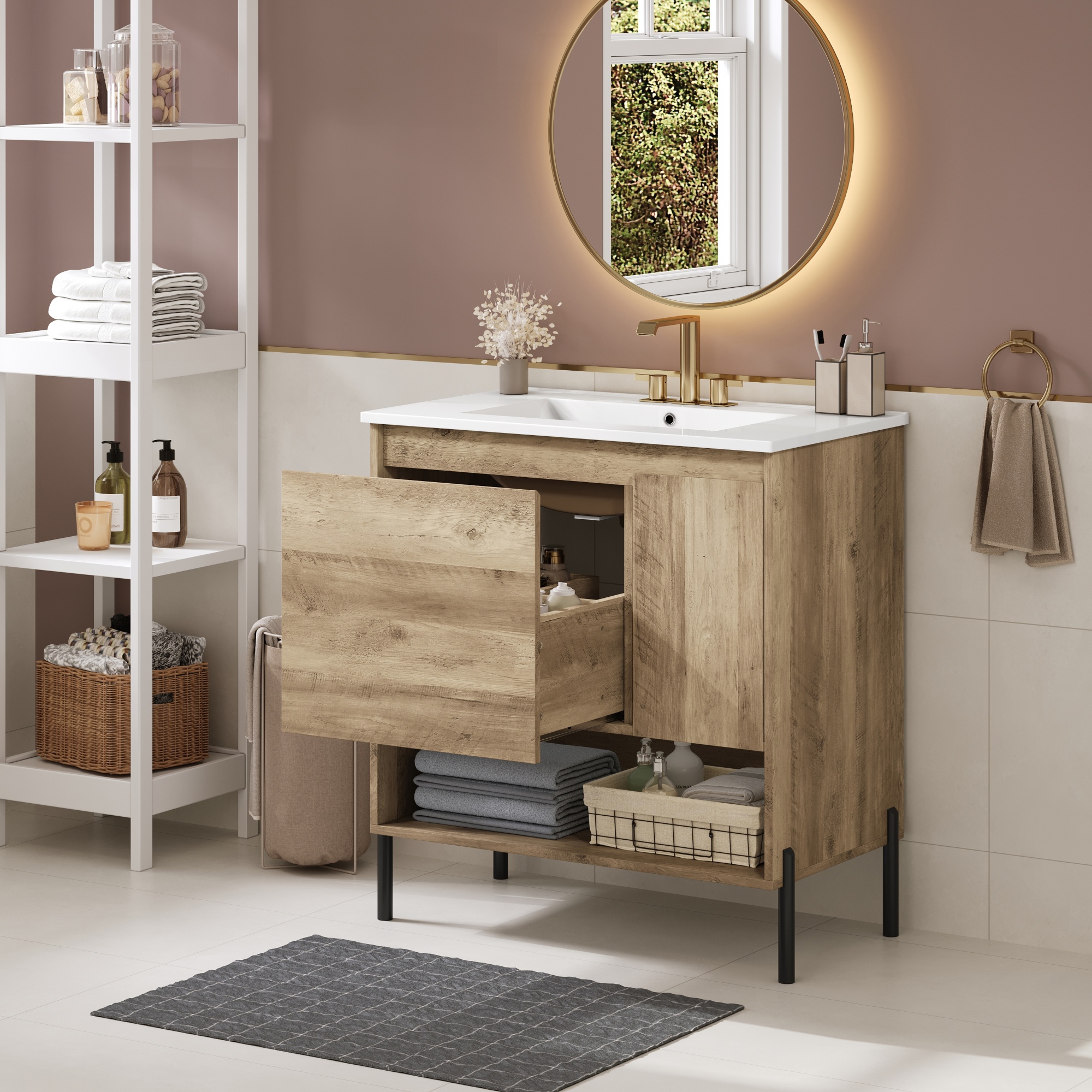 Euroco 36-Inch Modern Wood-Grain Bathroom Vanity with Soft-Close Doors, Divided Drawers,and Ceramic Sink