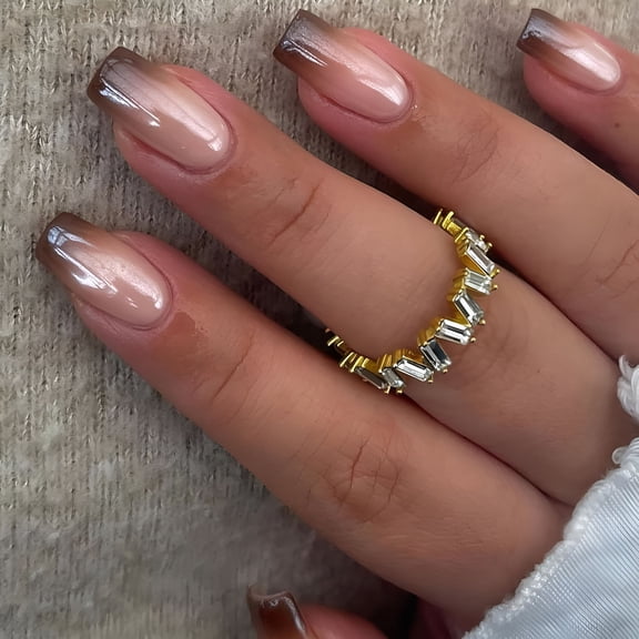 RAGUPEL Short Fall Press on Nails Square Brown Fake Nails Full Cover Leaves False Nails with Designs Gold Foil Glitter Glossy Glue on Nails Acrylic Nails Manicure Artificial Nails for Girls Square