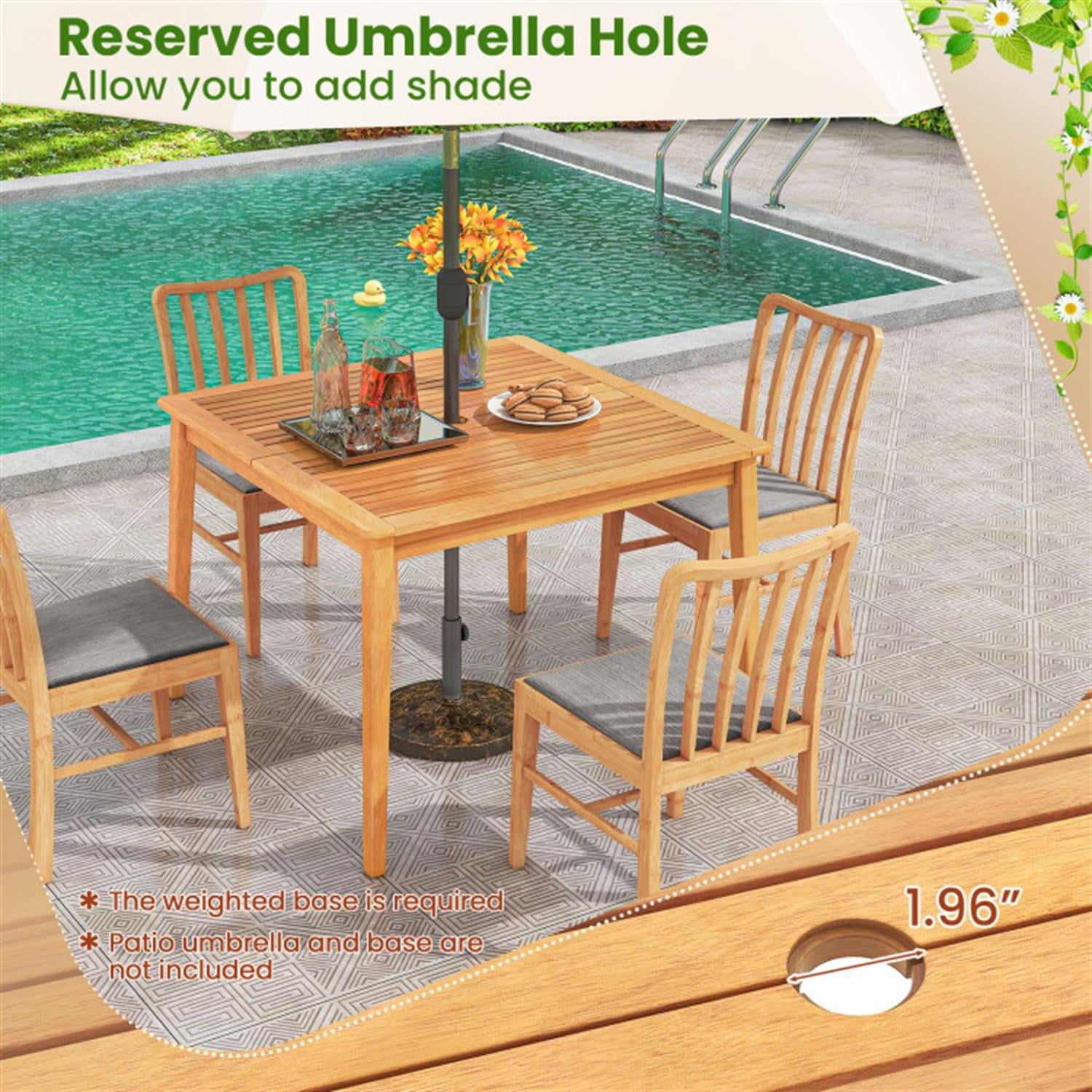 Demi Bonn Patio Outdoor Dining Table, 39" Acacia Wood Dining Square Bistro Table with 1.96" Umbrella Hole, Beige