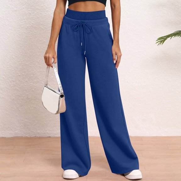 ClodeEU High Waist Wide Leg Sweatpants for Women ,Casual Loose Stretch Soft Athletic Lounge Pants with Pockets Blue,Womens Plus M