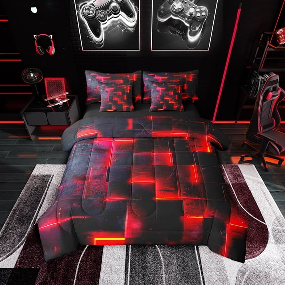 Black and Red Bedding Twin Size 7pcs Modern Abstract Comforter Set, 3D Glowing Plaid Bedding Comforter Sets Gradient Grid Bed in a Bag, Neon Square Bedding Accessories
