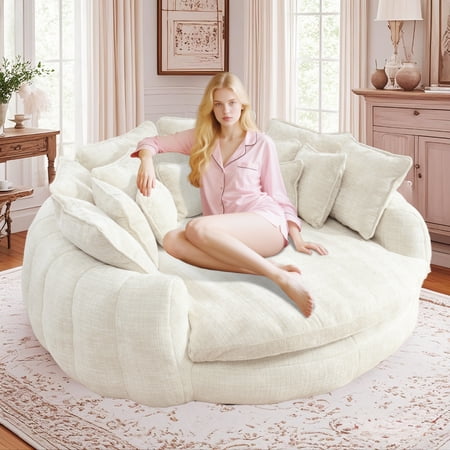 81'' Oversized Chenille Upholstered Sofa Bed, Comfy Sleeper Chair Sofa Couch, Boneless Couch with Deep Seat, Large Round Chaise Lounge Chair Indoor, Loveseat Cloud Couches for Living Room (Beige)