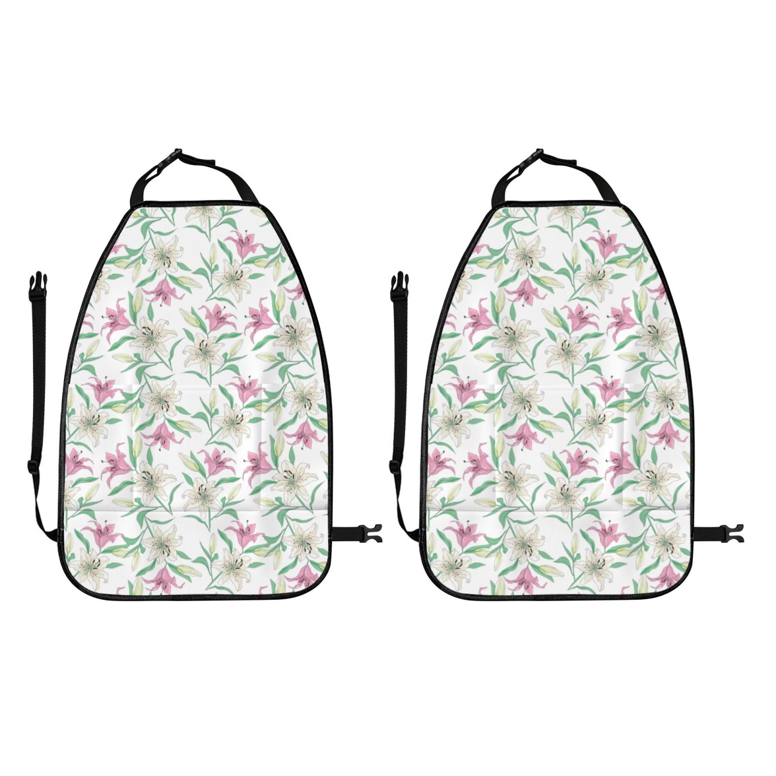 Kdxio Lilies Flowers Print 2 Pack Car Kick Mat Seat Cover Back Protector Mat with Pockets for Organizer Backseat Protector and Storage Anti Kick Pad for Vehicles