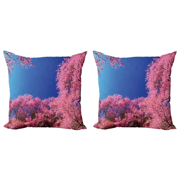 Ambesonne Nature Throw Pillow Cover 2 Pack, Cherry Blossom Trees, 24", Fuchsia Blue
