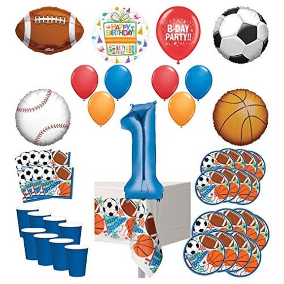 Mayflower Products Sports Theme 1st Birthday Party Supplies 8 Guest Entertainment kit and Balloon Bouquet Decorations - Blue Number 1