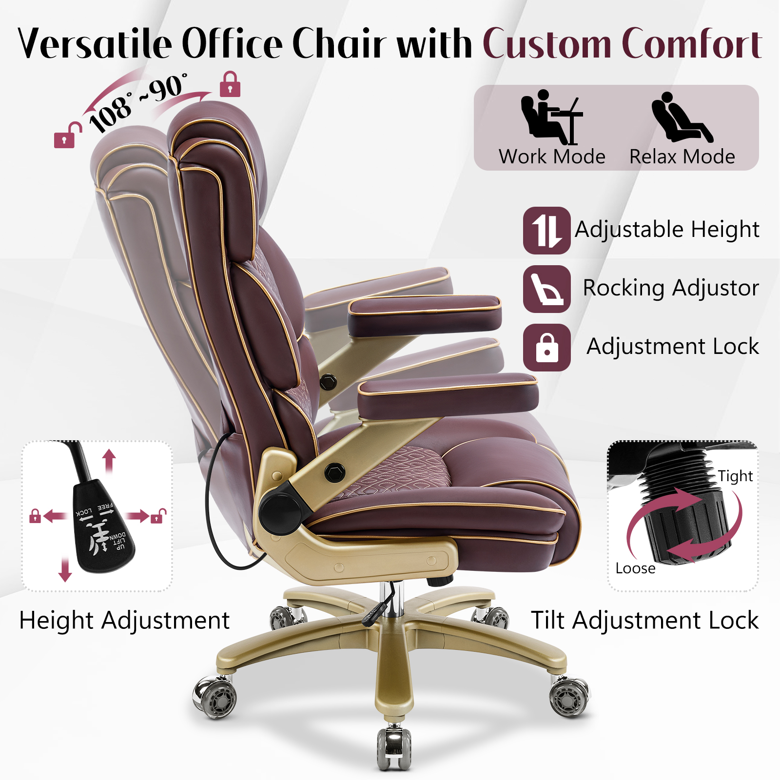 Falvinoryn Big and Tall Office Chair 500LBS, Ergonomic High Back Executive Office Chair, Adjustable Lumbar Support, Flip Arms, Locking Wheels Large Computer Desk Chair, Brown