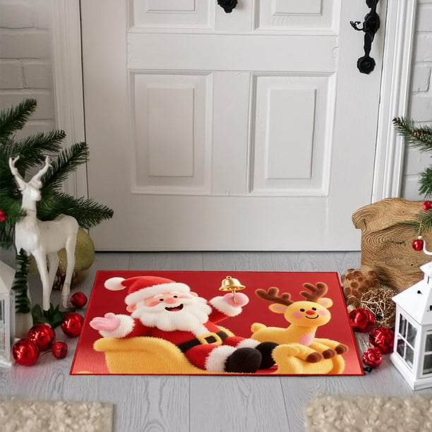 Seyotauo Winter Merry Christmas Santa Deer Snowflake Kitchen Rugs and Mats Kitchen Floor Mats Seasonal Decor Anti Slip Xmas Tree Cushion Case Bathroom Rug for Indoor Holiday Decoration