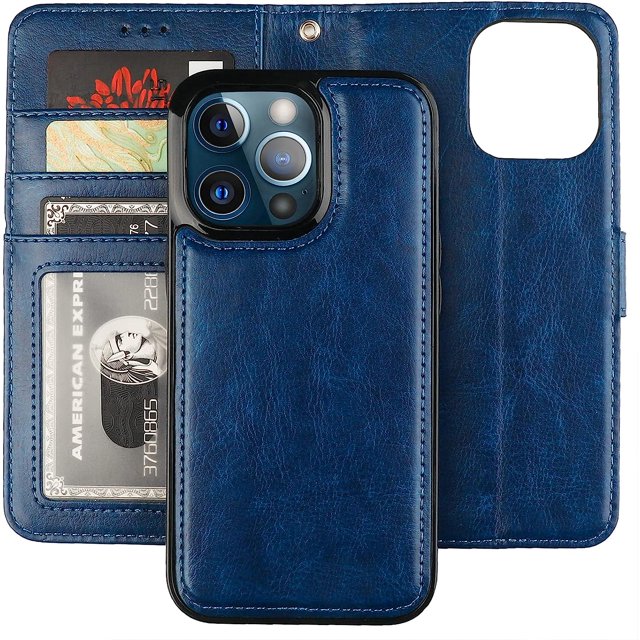 Funda tipo cartera desmontable para iPhone 13 Pro, con bloqueo RFID, ranuras para tarjetas, soporte de piel sintética premium, soporte magnético, correa de muñeca a prueba de golpes, funda protectora