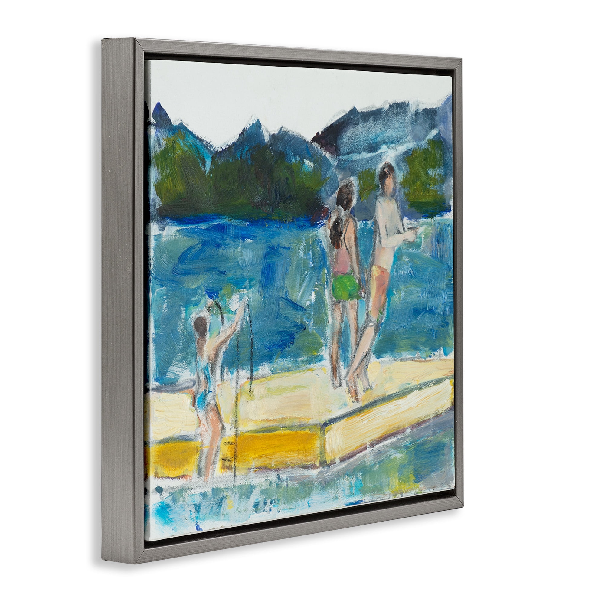 Stupell Industries Kids on Swimming Dock Abstract Sports Painting Gray Floater Framed Canvas Art Print Wall Art, 18 x 18
