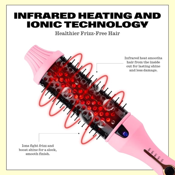 Infrared Ionic Thermal Styling Brush Hot Rod - Hair Brush with Round 1.5 Inch Barrel - Frizz Control & Shine - Volumizing Hot Brush for Straight or Curly Hair - Pink