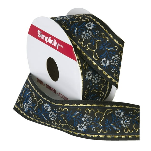 Simplicity Trim, Black 1 1/4 inch Floral Jacquard Trim Great for Apparel, Home Decorating, and Crafts, 1 Yard, 1 Each
