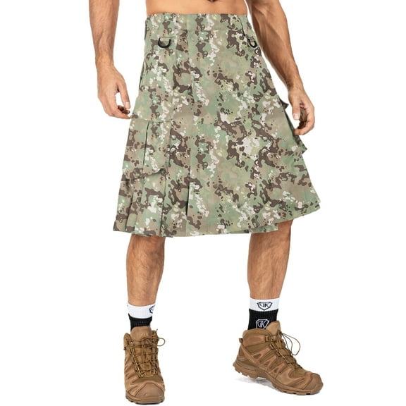 Men's Kilt Camo Scottish Utility Kilt, 25" Mens Kilt, Irish Highland Hybrid Kilts with Pockets