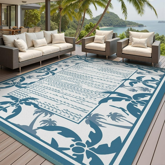 Outdoor Rug 6x9 ft Reversible Patio Rug Mat Outdoor Carpet Waterproof Camping Rugs Plastic Straw Rugs-Patio RV Camper Balcony Backyard Picnic Deck Pool Beach Mat Coconut Palm Leaf Rugs Blue & White