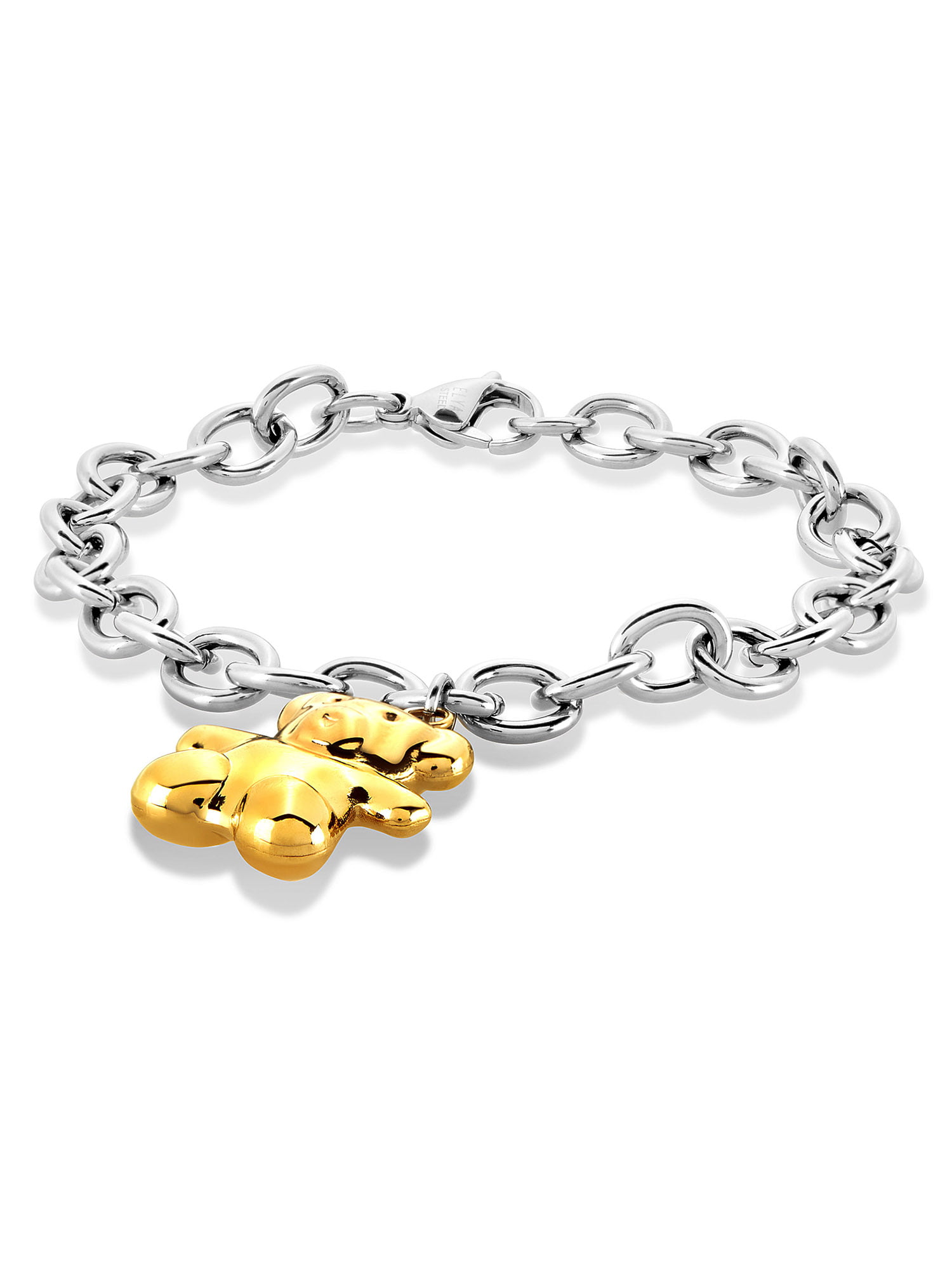Gold Plated Bear Charm Stainless Steel Cable Chain Bracelet - 8