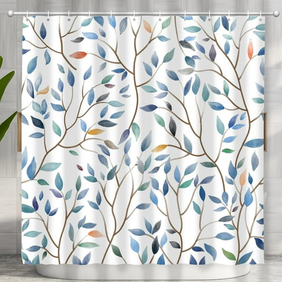 Boho Blue Floral Shower Curtain, Spring Colorful Botanical Flower Leaves Bohemian Fabric Shower Curtain Set with 12 Hooks, Bathroom Bathtub Accessories Decor Cloth Curtain72x72 Inch