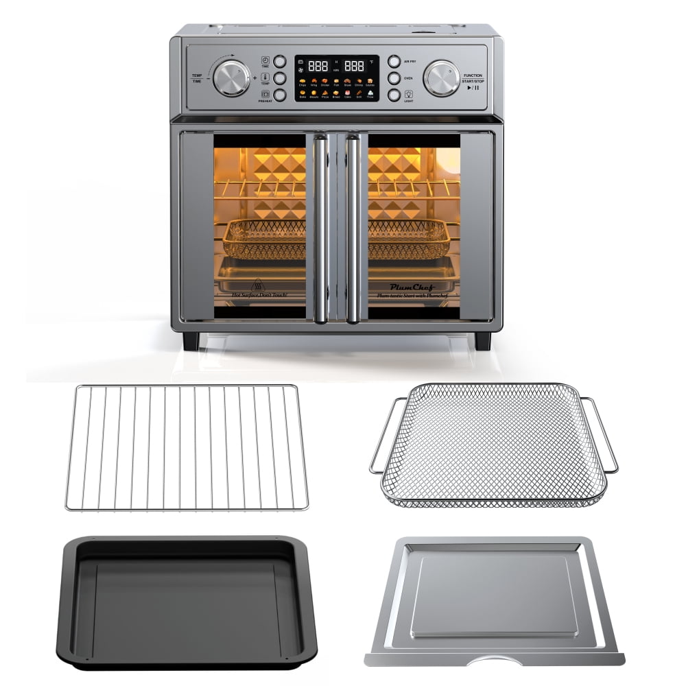 PlumChef 26QT Large Capacity French Double-Door Air Fryer Convection Toaster Oven, 1700W, 14 Preset Menus, 7-in-1 Multi-Function (Bake, Roast, Gril,Toast,Dehydrate&Defrost), Stainless Steel,silvery