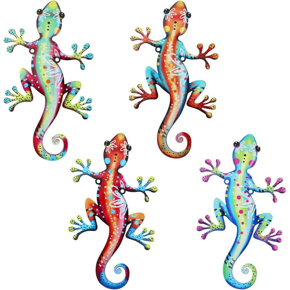 4pcs Metal Gecko Wall Art Decor, Outdoor Hanging Garden Decorations for Fence Patio Yard Lizards Wall Decor with Screws for Outside Home Gift