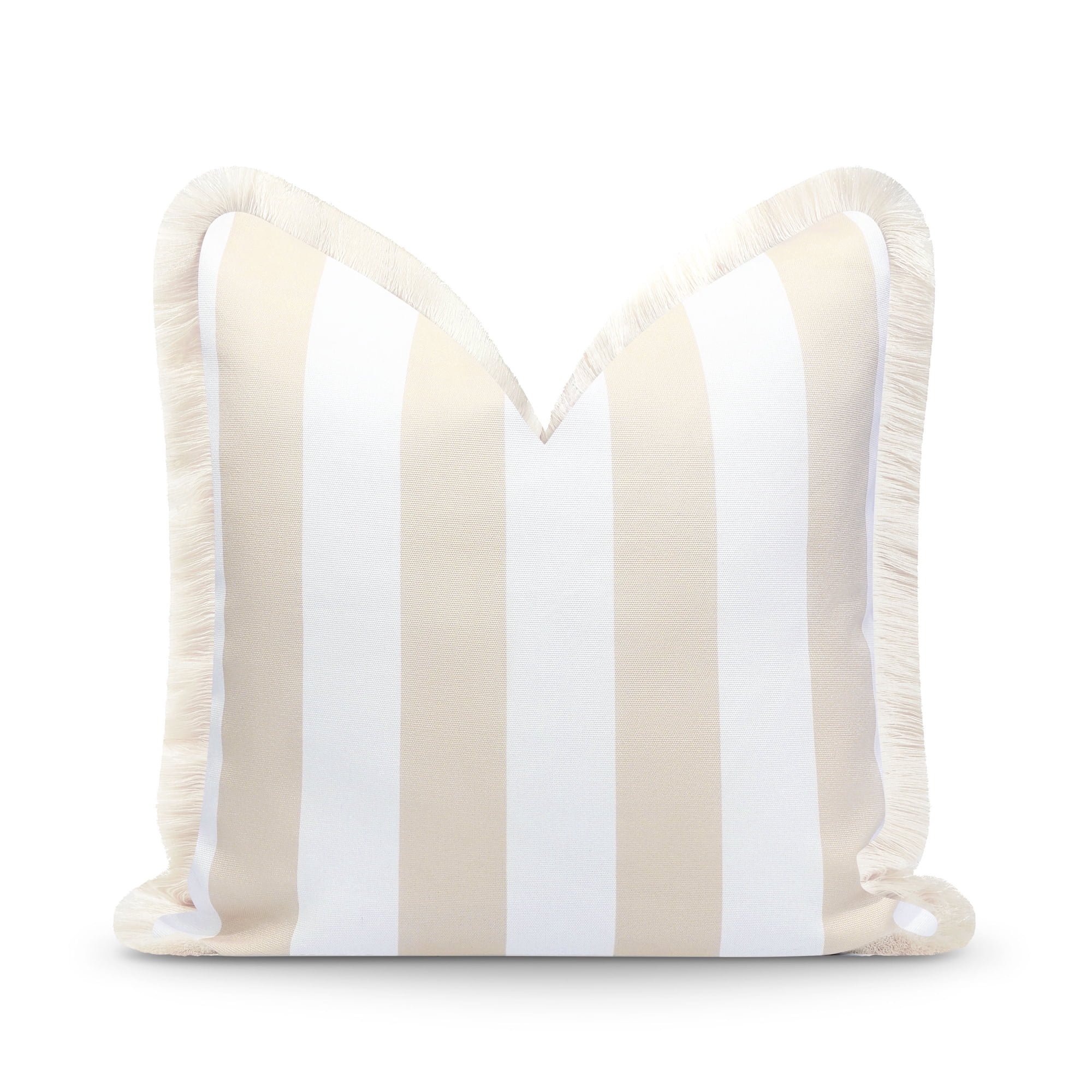 Hofdeco Premium Fall Coastal Patio Indoor Outdoor Pillow Cover Only, 20"x20" Water Repellent for Backyard, Couch, Neutral Tan Stripe Fringe