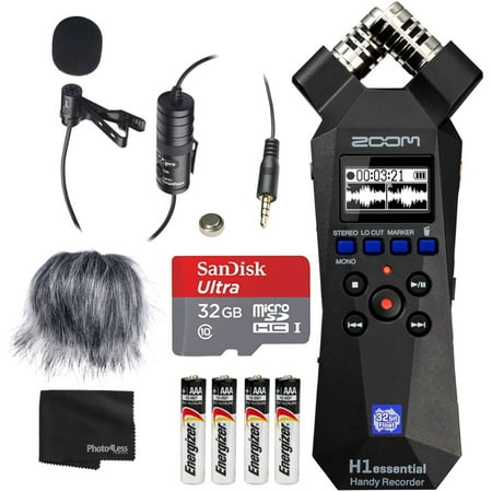 Zoom H1essential Handy Recorder Bundle with Professional Lavalier Condenser Microphone 32GB microSDHC Card Furry Microphone Windscreen 4 AAA Alkaline Batteries and more!