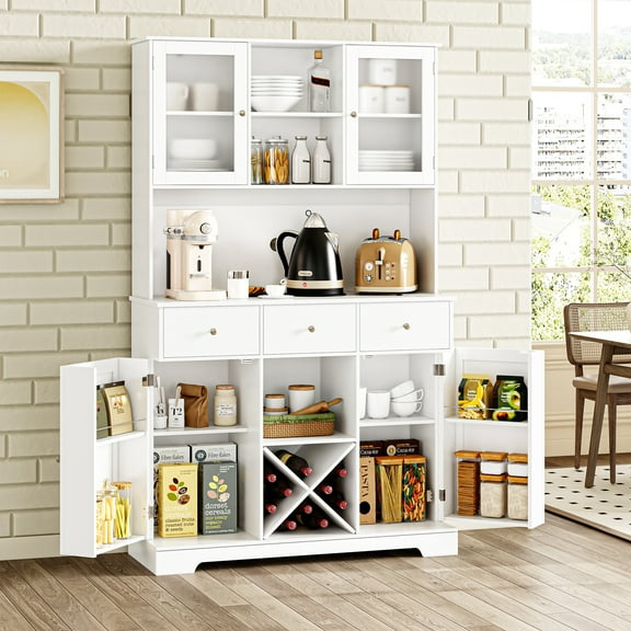 Homfa 3 Drawer Large Kitchen Pantry with Glass Door, Freestanding Storage Cabinet with Wine Compartment, White