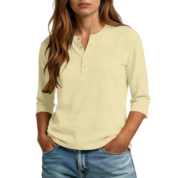 Henley Tops for Women, Yigetop Women's Solid Color 3/4 Sleeves Blouse Tops Henley V Neck Button Down Shirts Business Casual Outfit V Neck 3/4 Sleeve Tops for Women Beige L